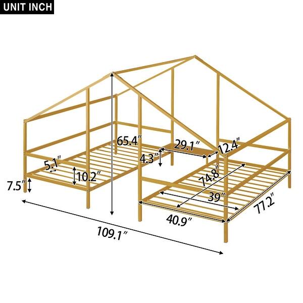 dimension image slide 1 of 2, Double Twin House Beds with Built-in Table, Platform/Daybed, Gold