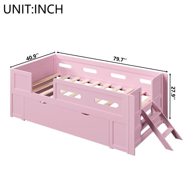 Roomfitters Full/Twin Size Wood Platform Bed with Underbed Storage Drawer and Safety Guardrails, Modern Low Loft Frame