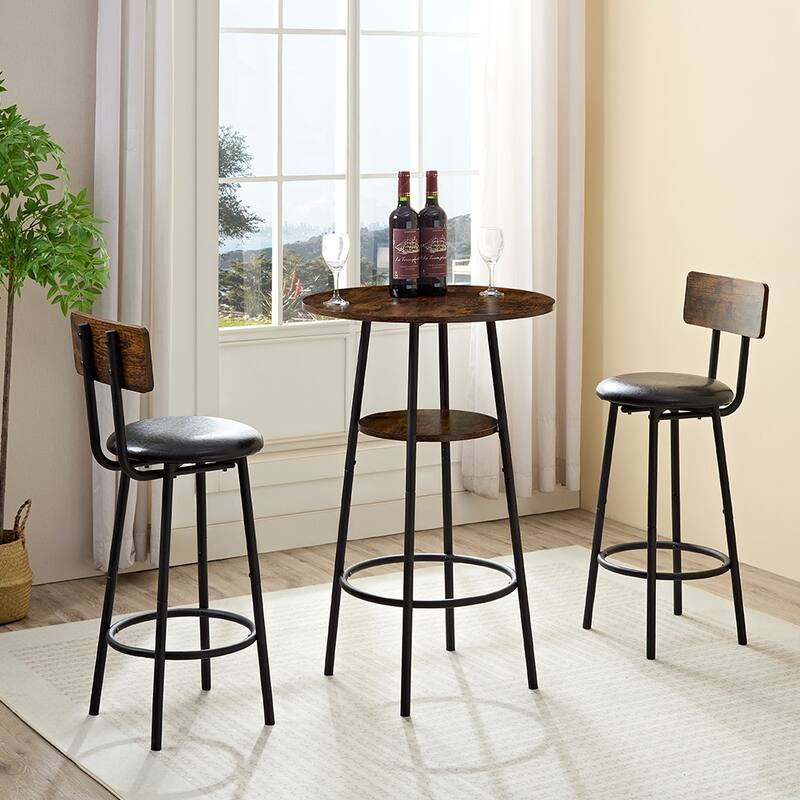 3-Piece Round Dining Table Set, Bar Table with 2 PU Bar Chairs