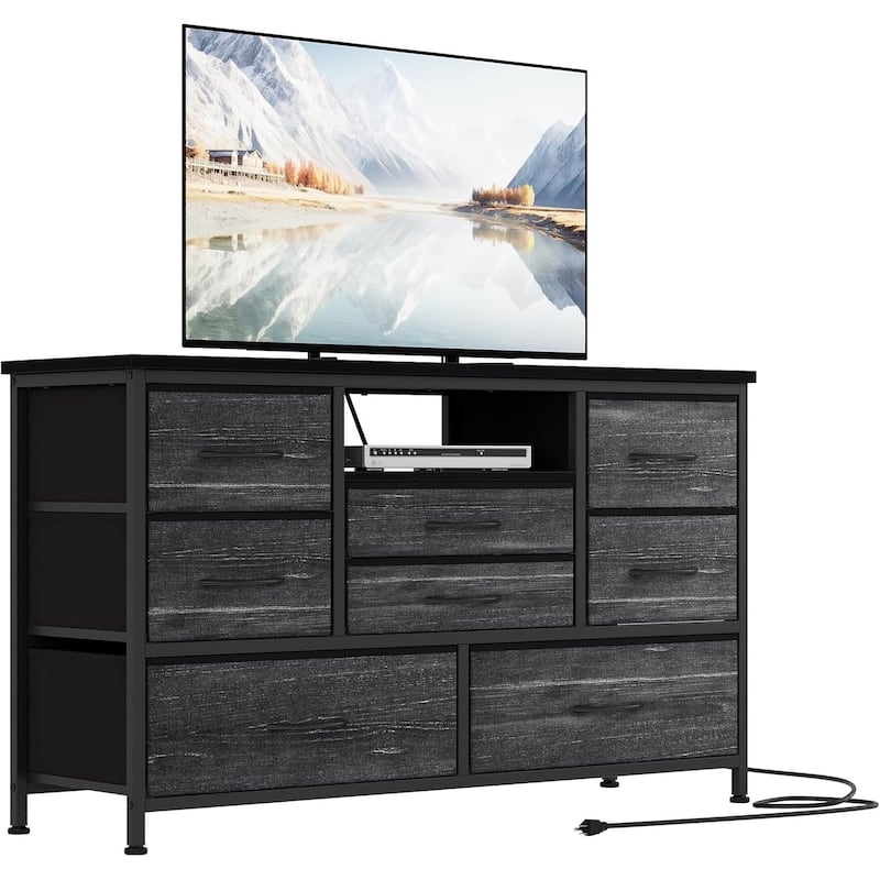 8-Drawer Fabric TV Stand with LED Lights & Built-in Power Outlets