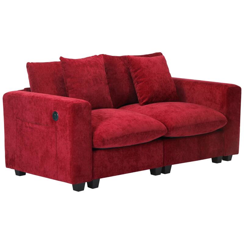Lucca Chenille Upholstered Modular Loveseat with USB Port - Red