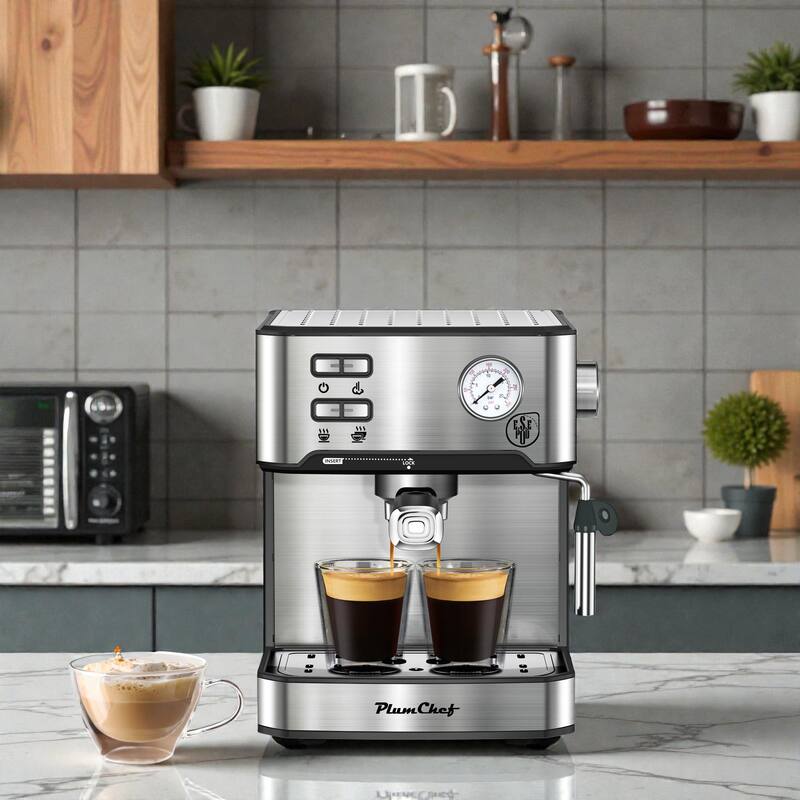 20 Bar Espresso Machine with Milk Frother, Stainless Steel Coffee Maker, Single Double Shot, ESE Pod Compatible
