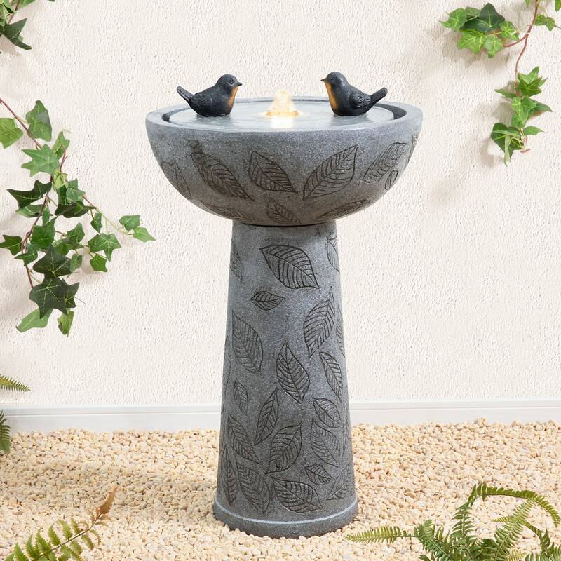 Glitzhome 27.5"H Two Birds Embossed Ceramic LED Birdbath Patio Outdoor Fountain
