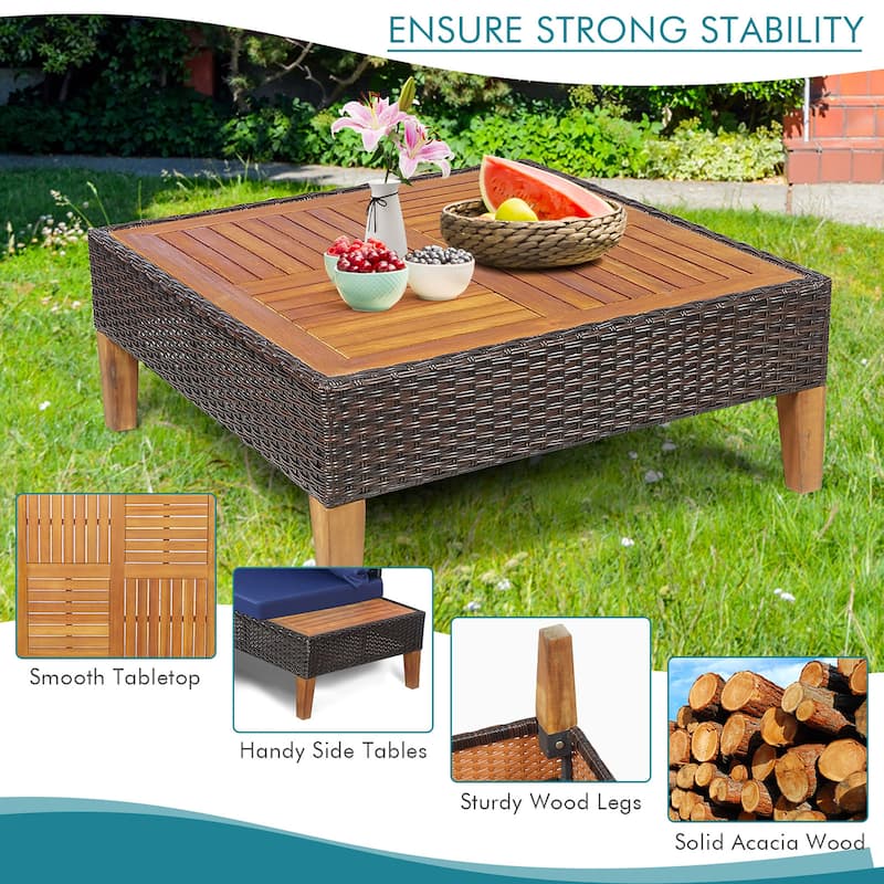 4 PCS Wood Patio Furniture Set Outdoor Rattan Sectional Sofa Set