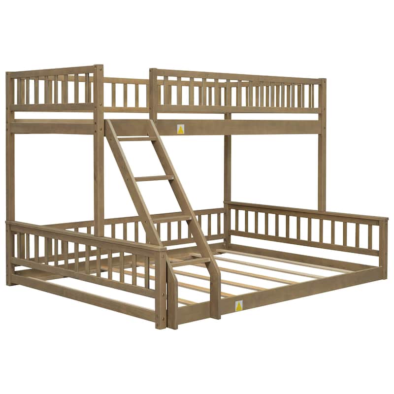 Solid Pinewood Floor Bunk Bed with Ladder and Safety Guardrails, Divided into 2 Separate Platform Bed Frame
