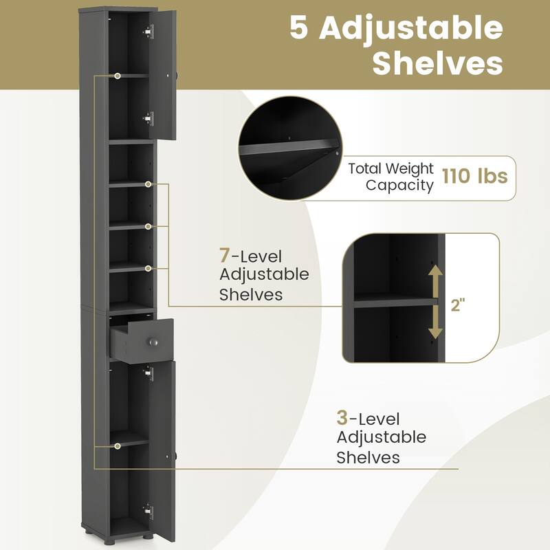 Narrow Freestanding Storage Cabinet for Bathroom Kitchen or Living Room Organization - 8" x 8" x 71"