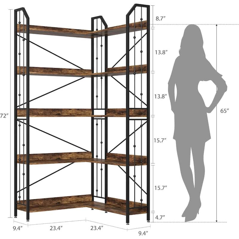 72" 5 Tier Industrial Corner Bookshelf, L-Shaped Bookcase - N/A