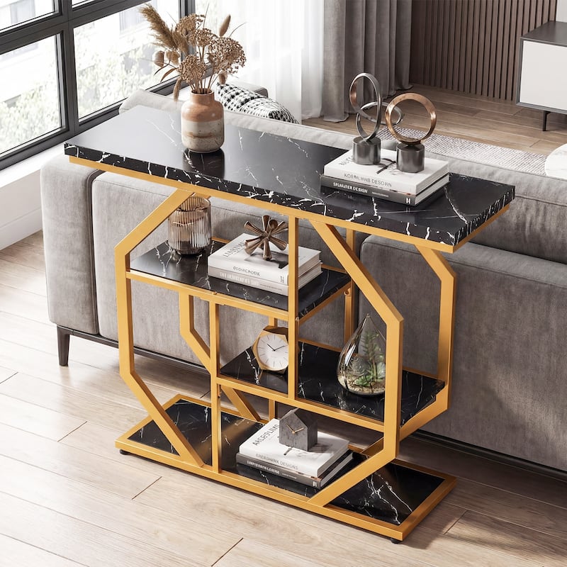 Gymax 40'' Console Table w/Storage Shelves Geometric Metal Frame for