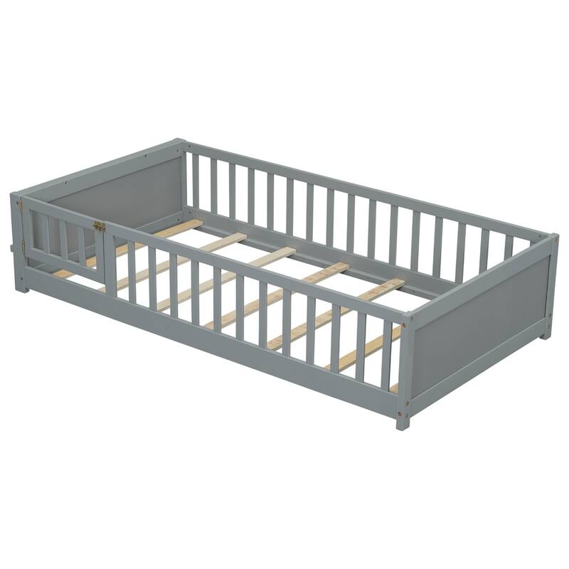 Twin Size Wood Platform Bed with Built-in Book Storage Rack and Door