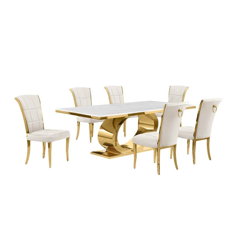 Best Quality Furniture D432/3-SC320-7 Dining Set with 87" White Marble Top