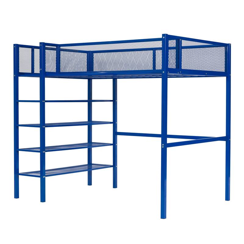 Metal Loft Bed with 4-Tier Shelves and Storage