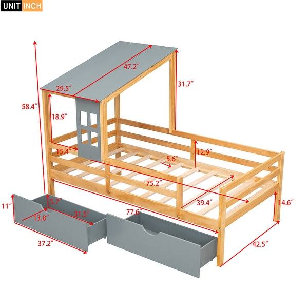 Twin Size House Low Loft Bed with Two Storage Drawers and Sturdy Wood ...