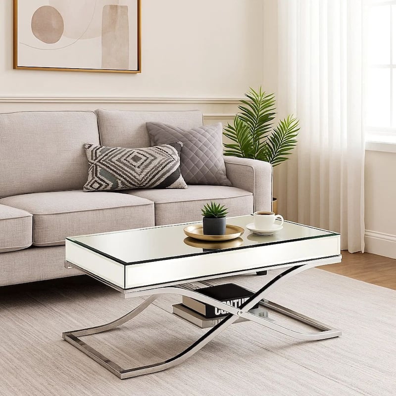 Gavin 48 Inch Coffee Table, Mirrored Panels, Curved Crossed Frame, Chrome