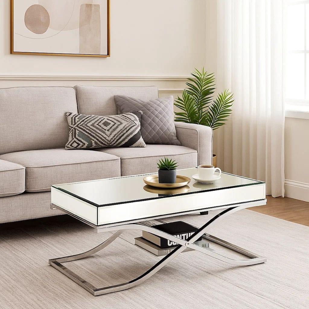 Gavin 48 Inch Coffee Table, Mirrored Panels, Curved Crossed Frame, Chrome