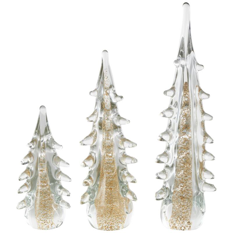 Glass Tree Dimensional Sculpture with Gold Flake Accents - Set of 3 Gold - Roche River Decor - 4"W x 4"L x 15"H