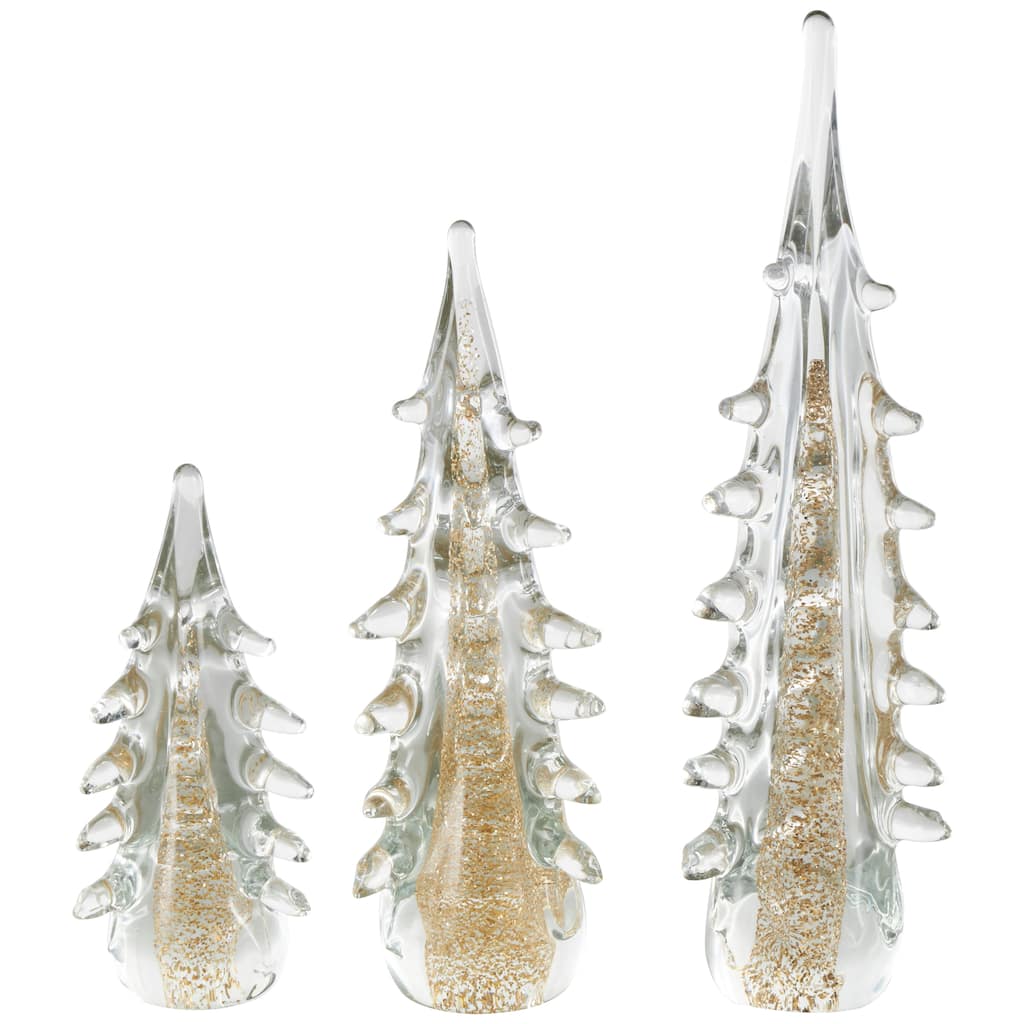 Glass Tree Dimensional Sculpture with Gold Flake Accents - Set of 3 Gold - Roche River Decor - 4"W x 4"L x 15"H