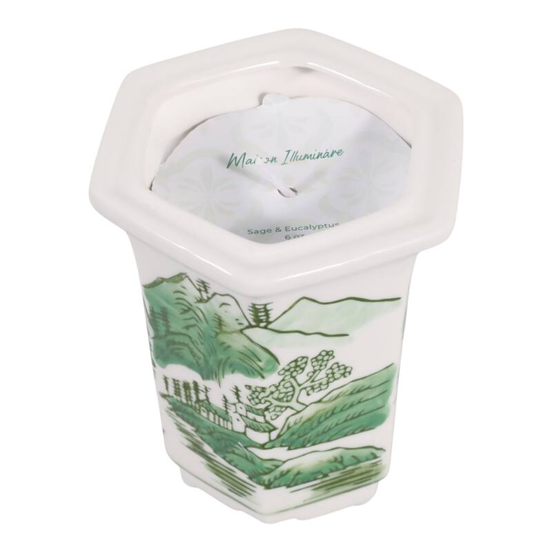 Modern Chinoiserie Ceramic Candle - Sage and Eucalyptus Scented