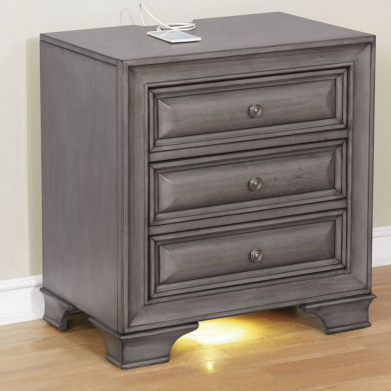 Solid wood 1pc Nightstand Nickel Round Knob Transitional Style 3-Drawers Nightstand w Under Nightlight
