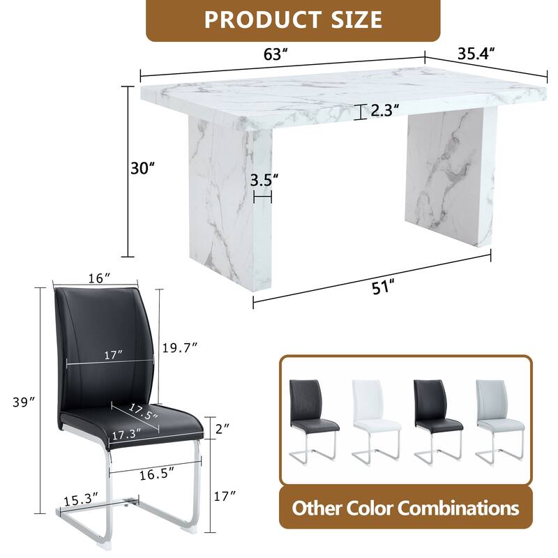 5-Piece Dining Table Set with Marble Pattern, Chair With Arched Metal Silver Leg, Adjustable Feet and Non-slip Pads Black