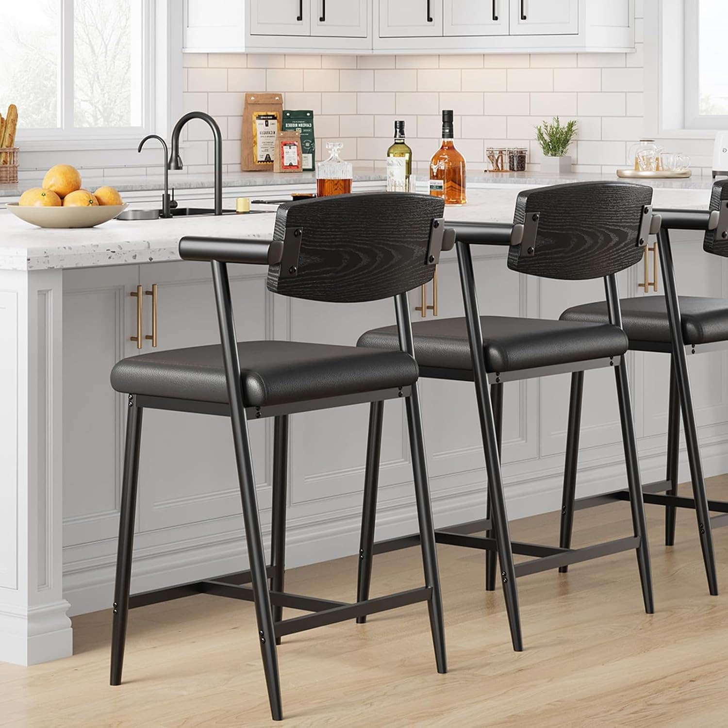 26" Counter Height Bar Stools Set of 2 with Arms, Bar Stools Set with Back & Upholstered Wider Seat
