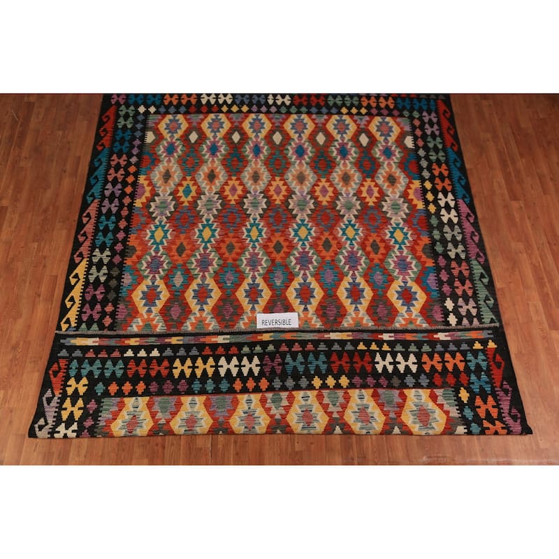 All-Over Geometric Kilim Area Rug Hand-Woven Wool Carpet - 8'11"x 11'5"
