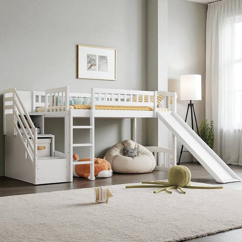 Twin Size Loft Bed with Slide and Storage Stairs, Convertible Ladder and 2 Drawers, Wood Frame - White - Twin