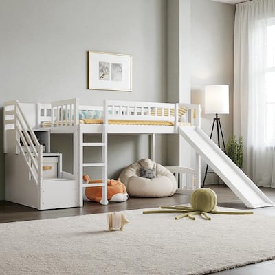 Twin Size Loft Bed with Slide and Storage Stairs, Convertible Ladder and 2 Drawers, Wood Frame