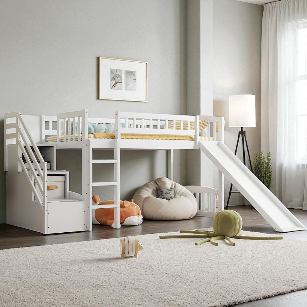 Twin Size Loft Bed with Slide and Storage Stairs, Convertible Ladder and 2 Drawers, Wood Frame
