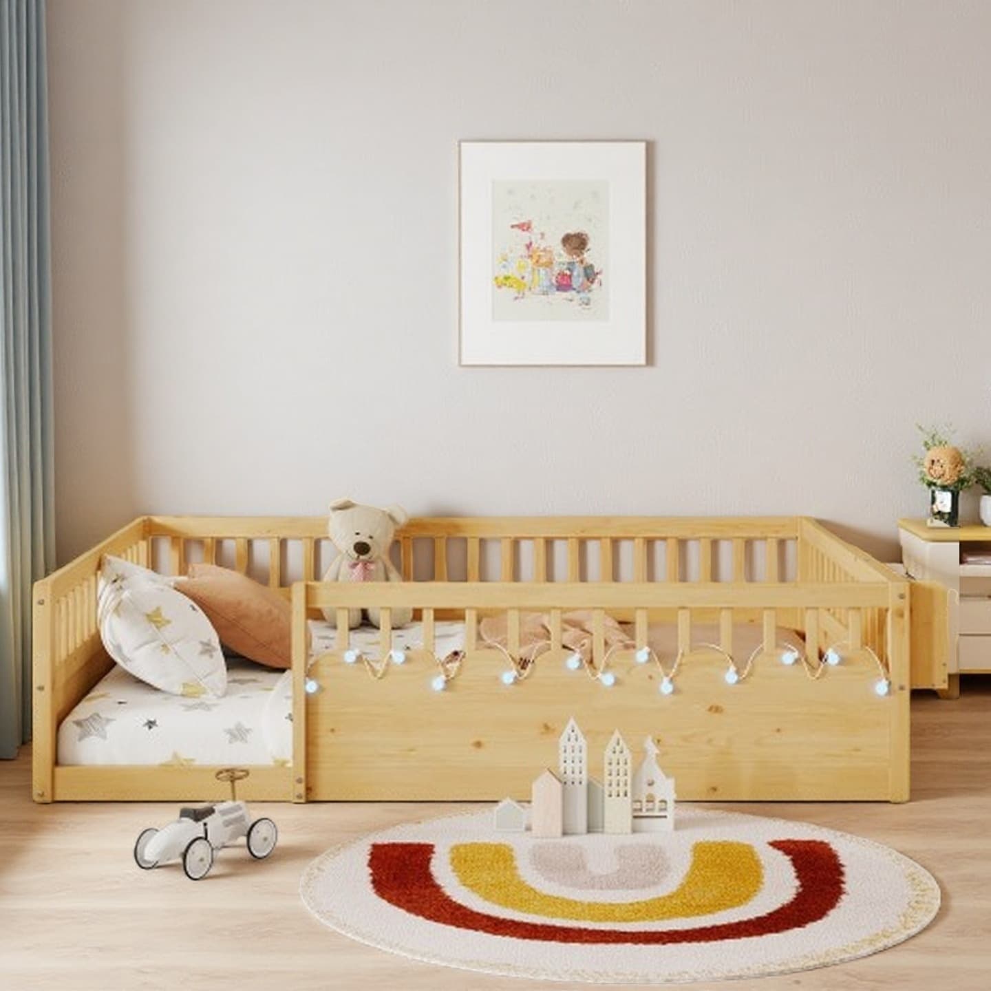 Twin Size Montessori-Style Floor Bed with High Safety Rails, Built-In Storage Shelf and Reading Light for Kids