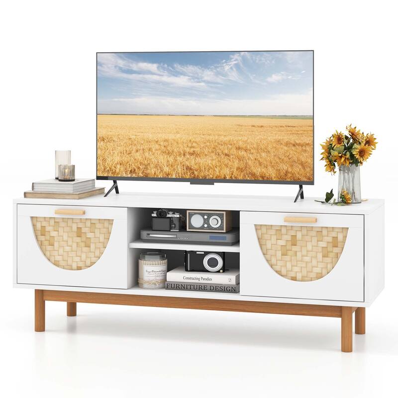 Costway TV Stand for 55-Inch TVs with 2 Drawers & Bamboo Woven Fronts - See Details - White & Natural - See Details