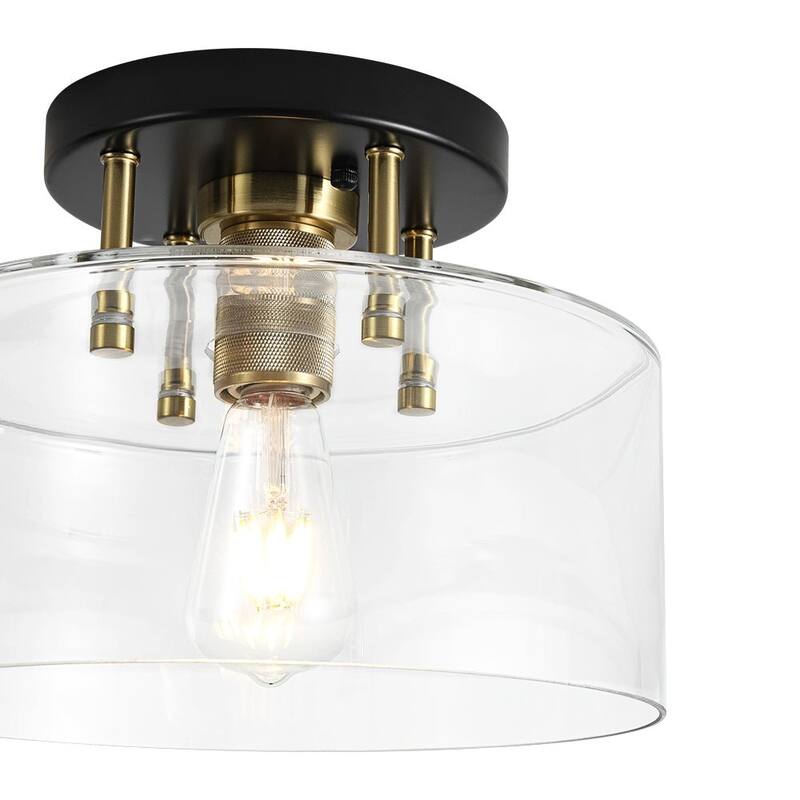 Farmhouse Black Brass 1-Light Glass Drum Semi Flush Ceiling Fixture - 11.8 Inches