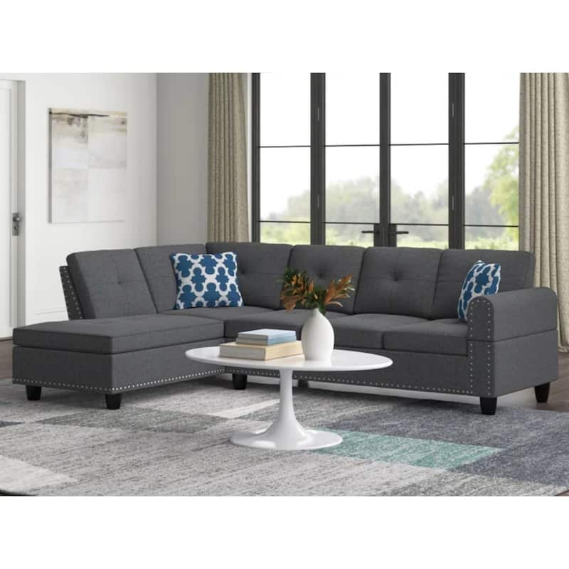 Modern Built-in Cup-holders Console Linen Sectional Sofa with 2 Pillows