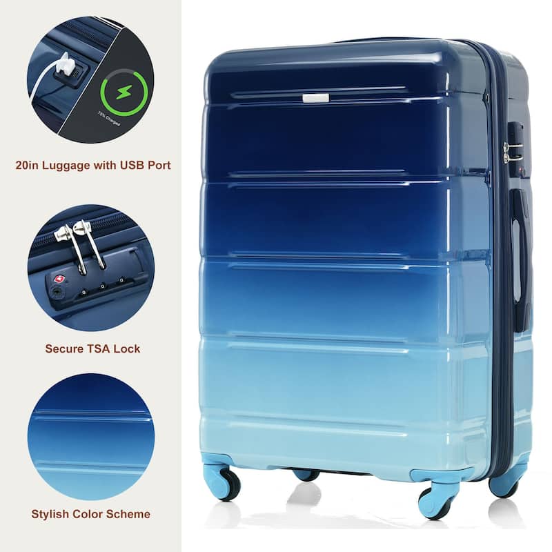 3-Piece, 20-Inch Modern Hard Shell Luggage with USB Port and Spinner Wheels, for Boarding Travel, Blue