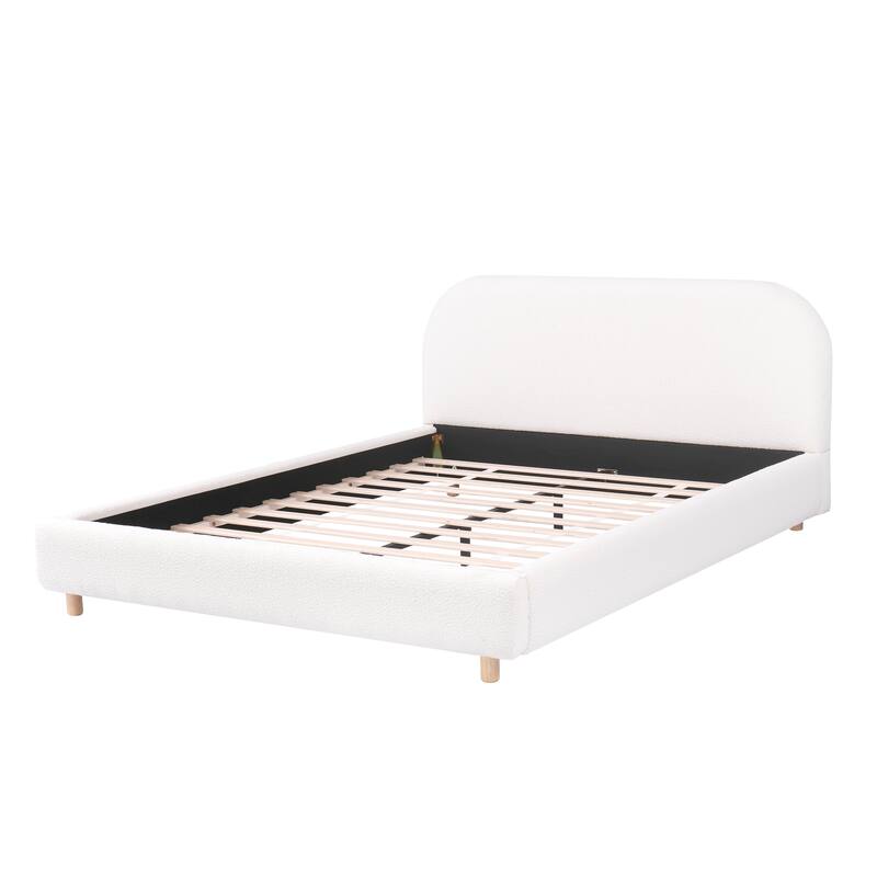 Teddy Fleece Thick Fabric Upholstered Platform Bed with Curved Shaped Headboard , Wood Bed Frame with Solid Round Legs