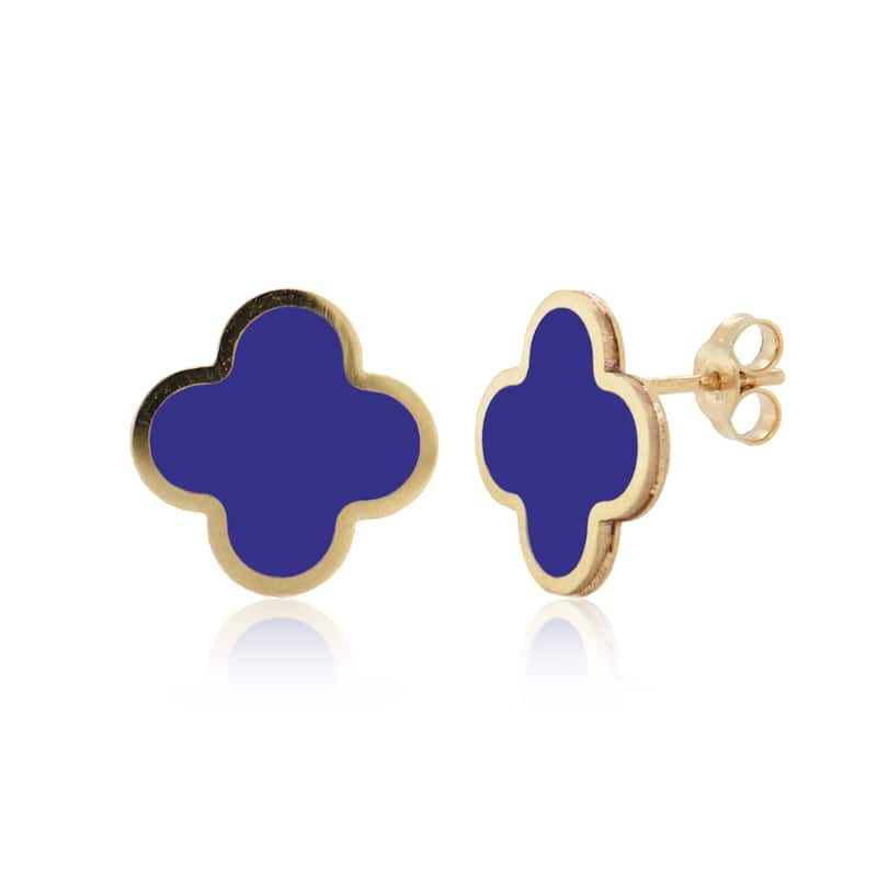 Italian Gold 14K Yellow Gold Large Clover Stud Earrings - Made in Italy - Clover Size 15mm 2.40 grams - Lapis