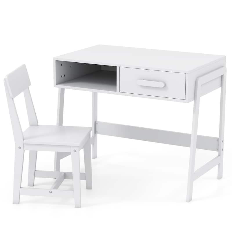 Kids Study Table and Chair Set with Storage Drawer and Hutch and Pine Wood Frame for 3 Over Years Old - 33.5" x 19" x 27.5"