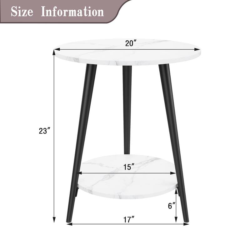 Round End Table Modern White Side Table for Living Room Bedroom Nightstand Accent Table with 2-Tier Faux Marble Wood Top