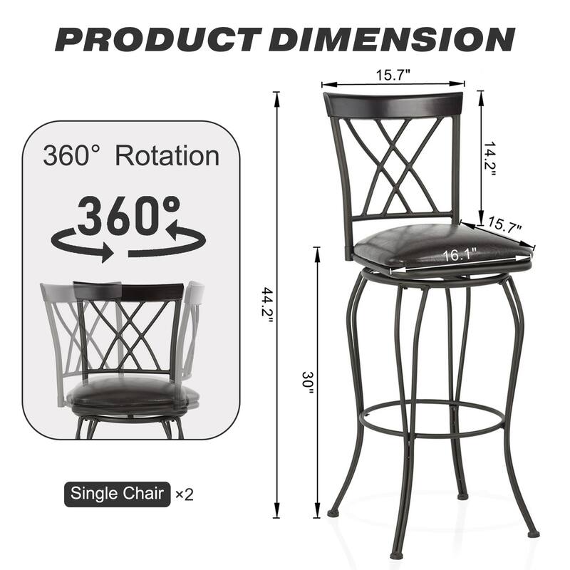 Homy Casa Set of 2 Swivel Bar Stools with Padded Faux Leather Seat-for Kitchen Islands and Pub-Style Counters - N/A