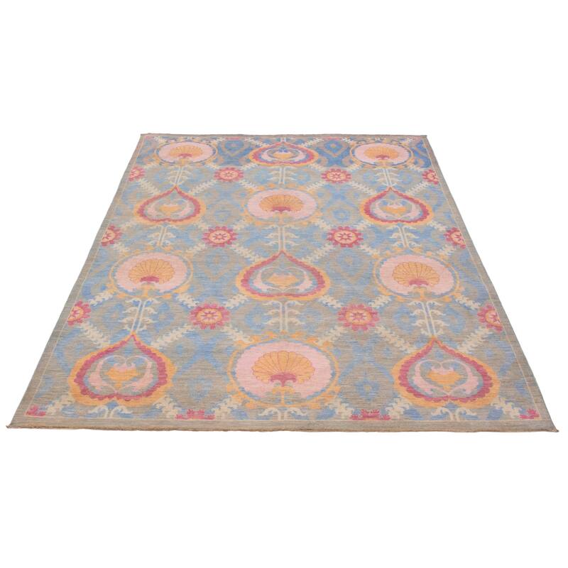 ECARPETGALLERY Hand-knotted Abstract Lahore Legacy Blue, Grey Wool Rug - 7'11 x 10'3