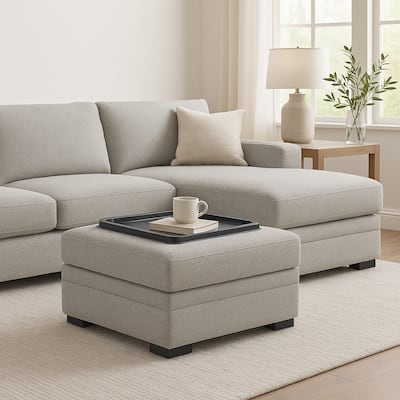 Viney Storage Ottoman with 4 Cupholders, Cement Gray Polyester 37 Inch
