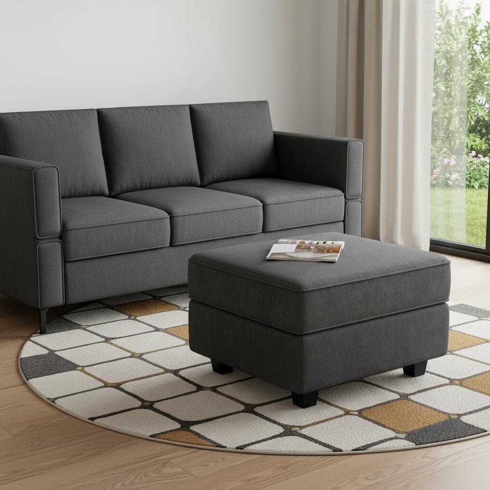 HomeRoots 26" Beige and Black Faux Leather Storage Ottoman