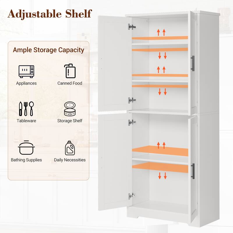 70'' Tall Kitchen Pantry Cabinet, Freestanding Storage Cabinet with 4 Doors and Adjustable Shelves