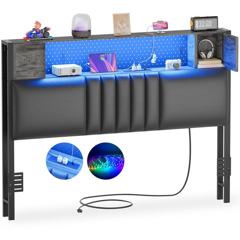 Upholstered Headboard with Storage Shelf and Small Cabinet, Headboard Power Outlet and LED Light