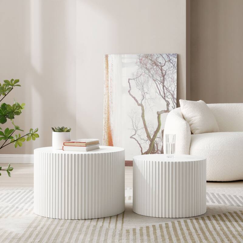 Modern Farmhouse Round Accent Nesting Side Coffee Table Set (Set of 2) - Matte White