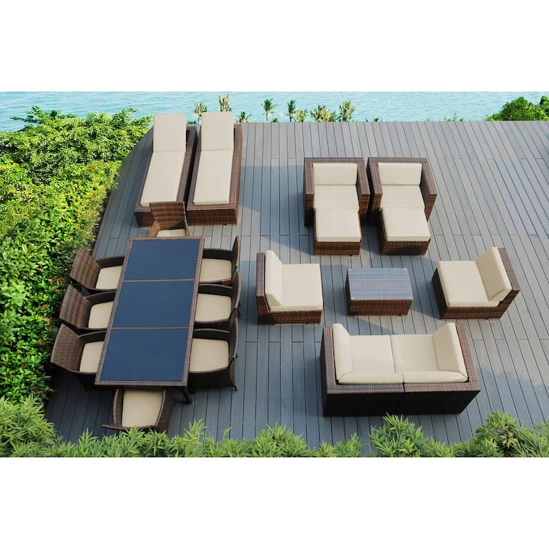 Ohana Outdoor Patio 20 Piece Mixed Brown Wicker Sofa and Dining Set - Beige