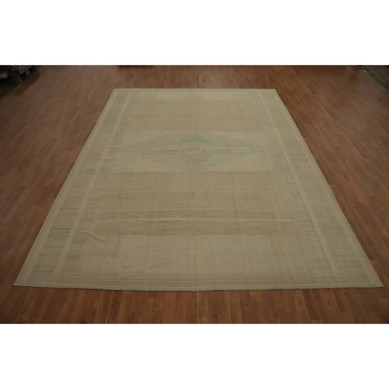 Hand Woven Oriental 100% Wool Carpet Southwestern Tribal Beige & Ivories Kilim Area Rug - 12' 10'' X 9' 10''
