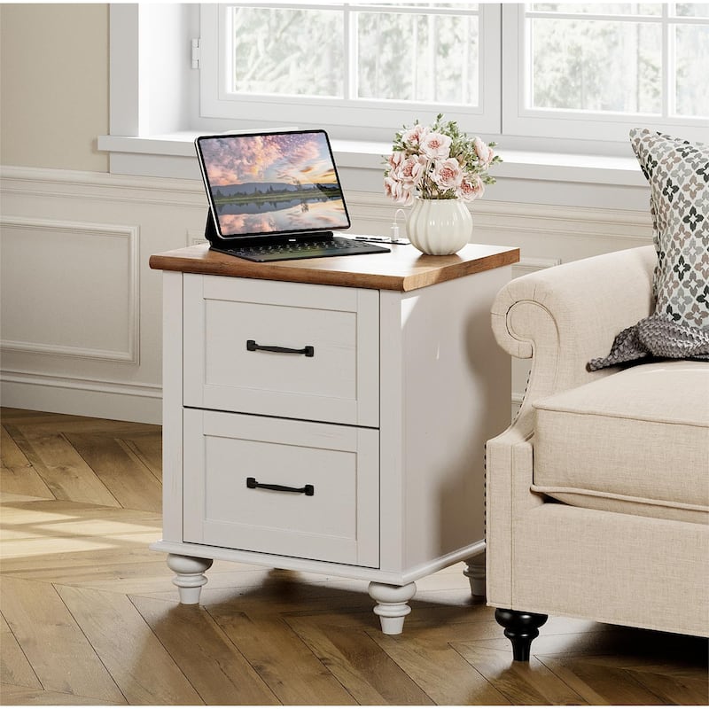Nightstand with Charging Station, 2-Drawer End Table for Bedroom - Off White - 2-drawer