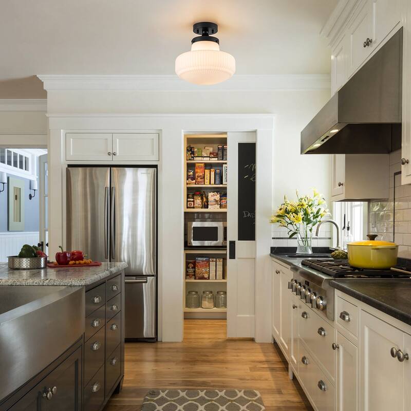 Modern 1-Light Opal Glass Semi Flush Mount - Black - 11-in W x 11-in H