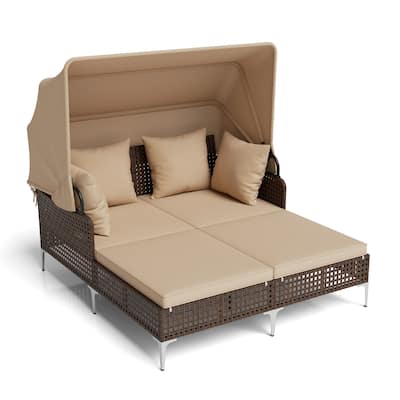 Gymax Outdoor Daybed w/ Retractable Canopy PE Wicker Rattan Patio