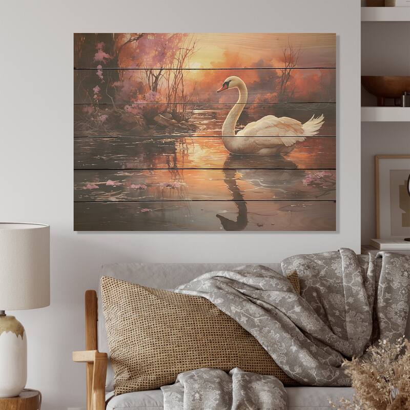 Designart "Mystic Dawns Swan" Swans Wood Wall Decor - Modern Pink Wood Panel On Natural Pine Wood